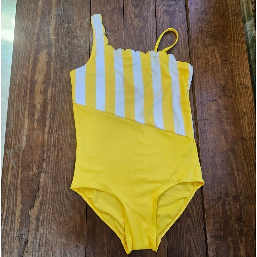 Justice Swimsuit Girls Sz 20 Yellow & White Striped One-Shoulder Scallop NWOT